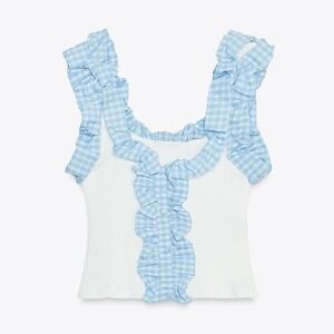 Zara White Ribbed Knit Tank Top Blue Gingham Ruffle Trim Square Neck Sleeveless
